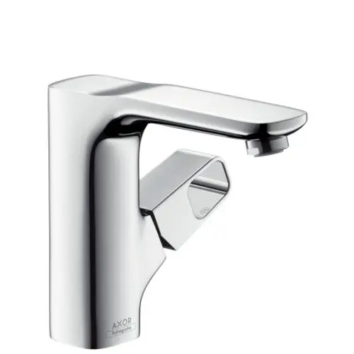 Chromfarbener Einhebel-Waschtischmischer von AXOR mit einer Zugstangen-Ablaufgarnitur. Schlichte, moderne Form mit einem Hebelgriff zur Steuerung des Wasserflusses.